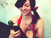 Freaky raven haired teen performs dirty solo using big cucumber