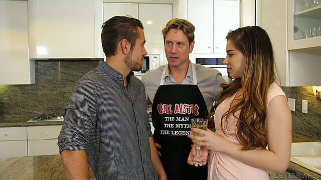 Nasty girl Bobbi Dylan hooks up with two bisexual guys in the kitchen