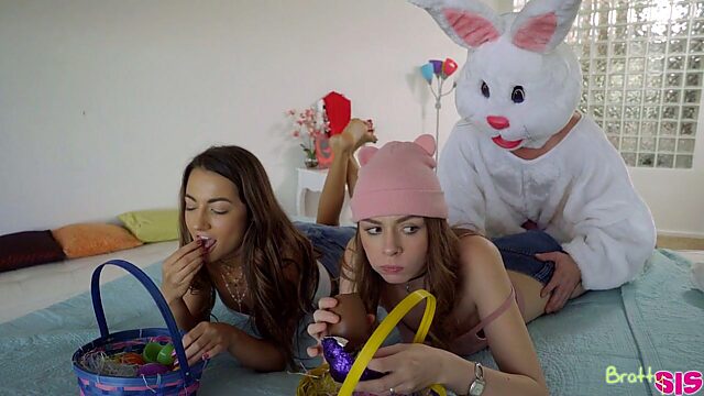 Pretty hot babes are fucked by step brother in funny Easter bunny costume