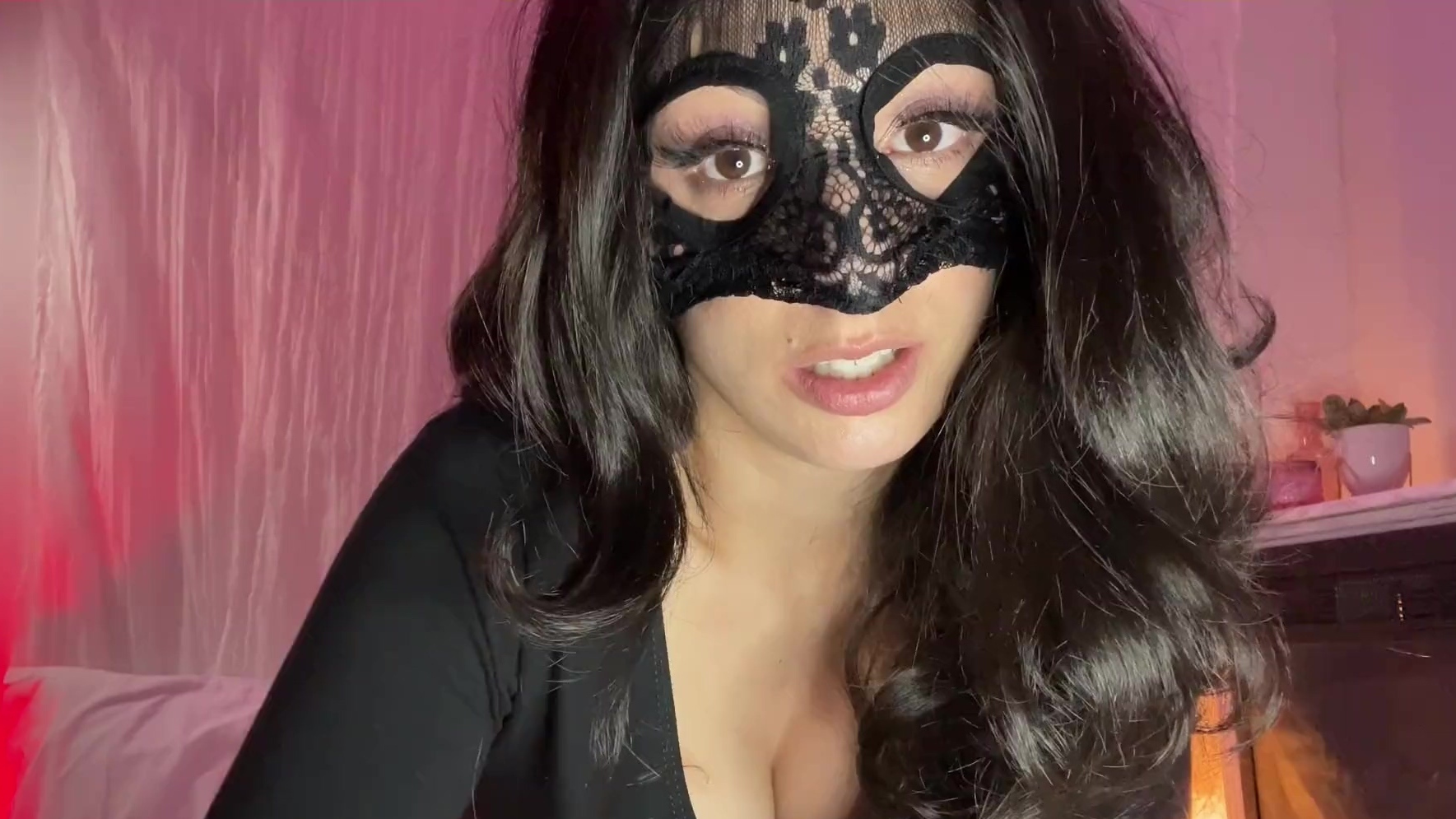 Busty JOI from a sexy brunette in a mask photo photo