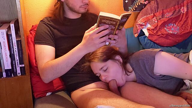 My boyfriend loves to read a book while I keep his cock in my mouth.